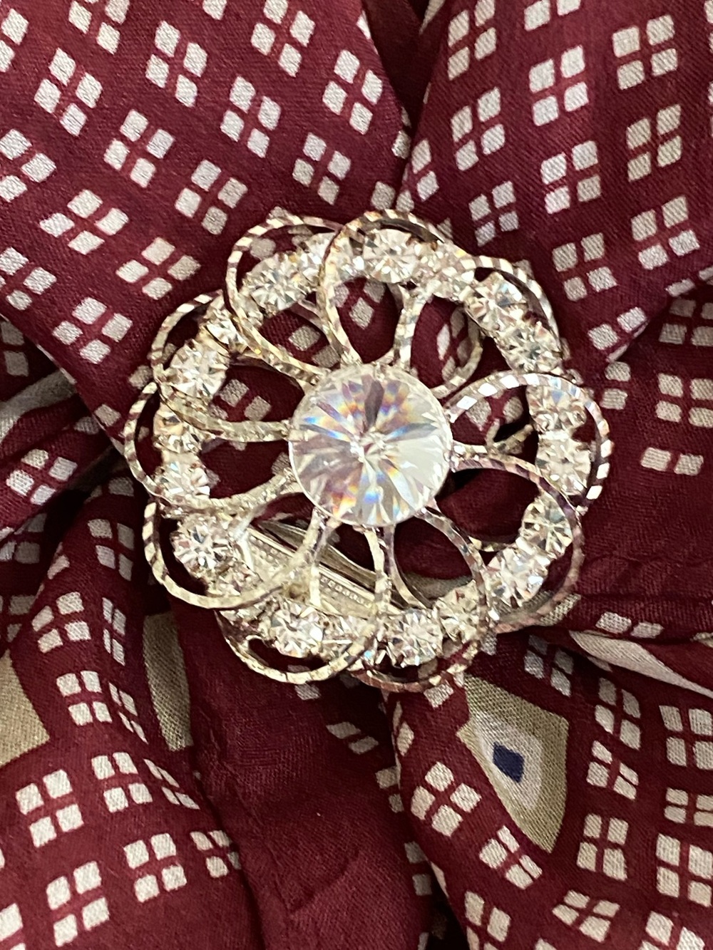 Vintage Rhinestone Scarf Clip - Silver Tone 3D Floral Rivoli Crystal Prong Set